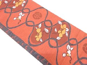 網目に椿模様織り出し袋帯